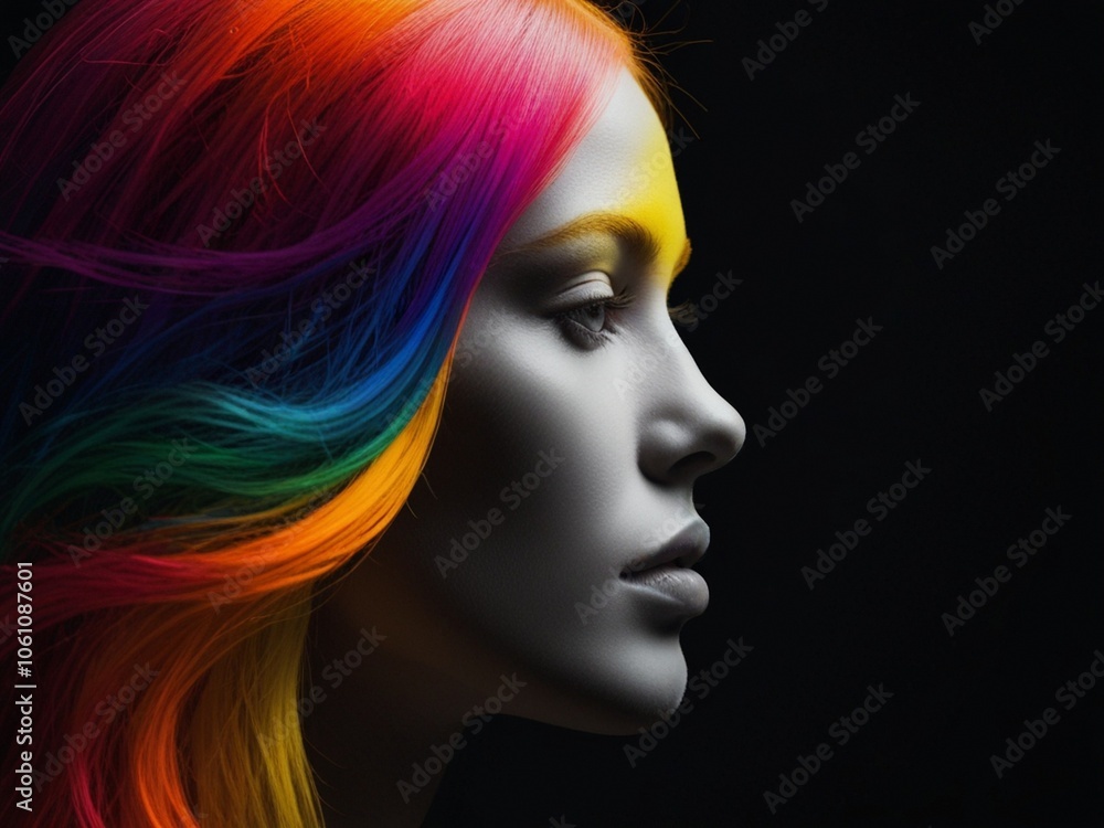 Profilbild einer jungen Frau mit bunten Haaren, dunkler Hintergrund Profilbild einer jungen Frau mit bunten Haaren, dunkler Hintergrund