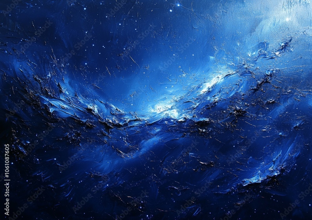 An abstract depiction of a cosmic scene with deep blue hues and swirling textures. An abstract depiction of a cosmic scene with deep blue hues and swirling textures.