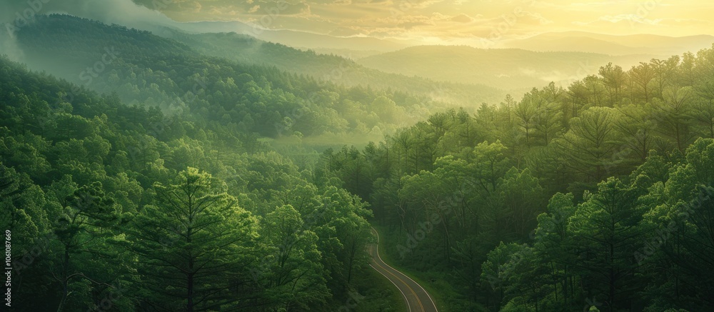 Enchanting evergreen forest path winds through lush verdant landscapes leading to breathtaking misty mountain vistas in the distance  This serene