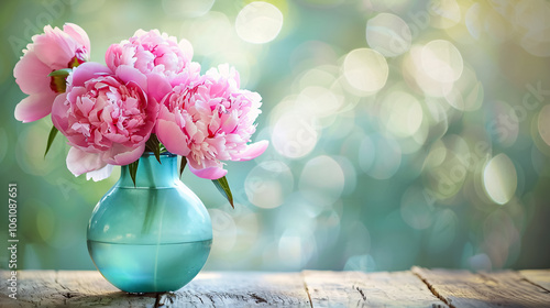 Fototapeta Naklejka Na Ścianę i Meble -  Pink Peonies in Vase: Pink peonies arranged in a vase with a bokeh background, creating a soft, retro-styled photo.
