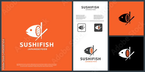 sushi fish logo , oriental japanese cuisine , chopsticks , health , design vector template.