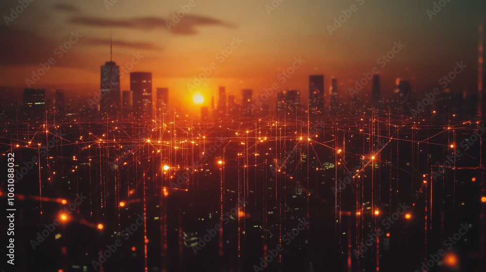 Fototapeta premium Smart digital city with connection cyber security network reciprocity over the cityscape . future smart wireless digital city and social media networking systems that connects people within the city