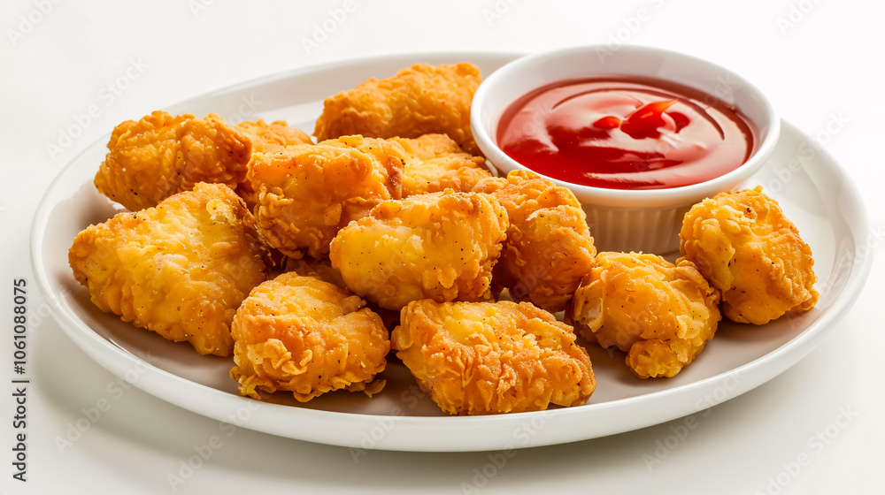 Fried Chicken Nuggets and Ketchup: Plate with fried chicken nuggets and ketchup isolated on a white background, highlighting a popular fast food item. Fried Chicken Nuggets and Ketchup: Plate with fried chicken nuggets and ketchup isolated on a white background, highlighting a popular fast food item.