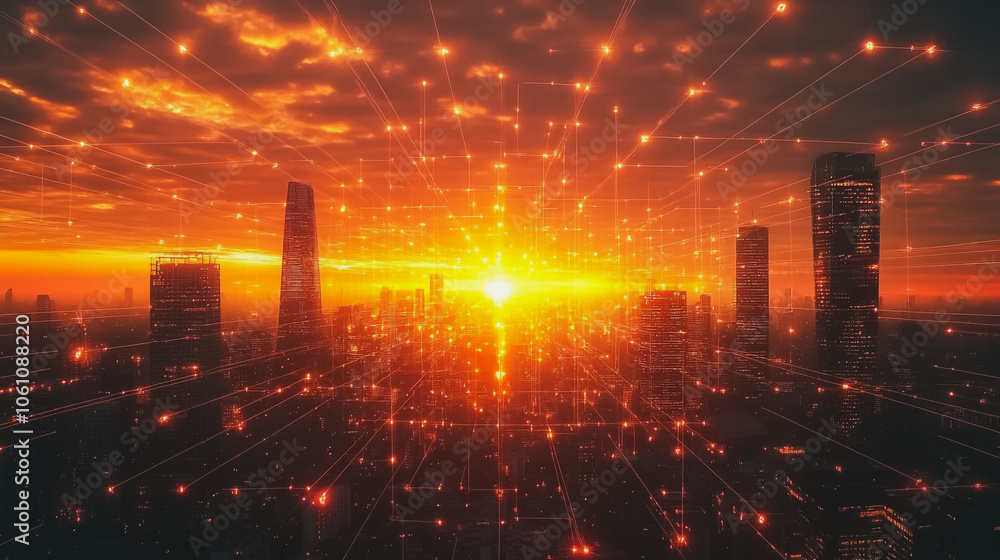 Smart digital city with connection cyber security network reciprocity over the cityscape . future smart wireless digital city and social media networking systems that connects people within the city
