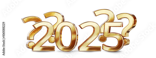 question marks symbol icon and year 2025, bold letters number 2025 as new year and sylvester as luxury and good best changes, isolated gold metallic glossy shiny color