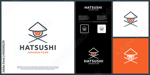 Japanese traditional hat and sushi concept, restaurant menu, logo design inspiration.