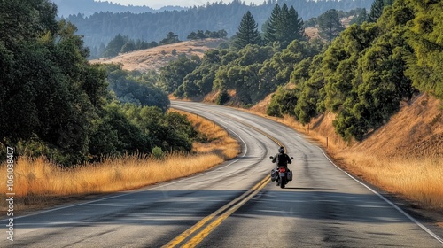 A motorcyclist on a winding road surrounded by stunning landscapes, embracing freedom and adventure. AI generated photo