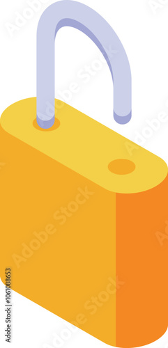 Opened yellow padlock isometric icon represents data protection, privacy, and security