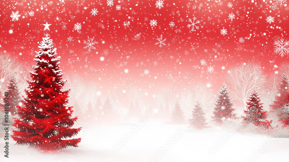 festive image of a red Christmas tree standing tall against a snowy winter landscape, with falling snowflakes