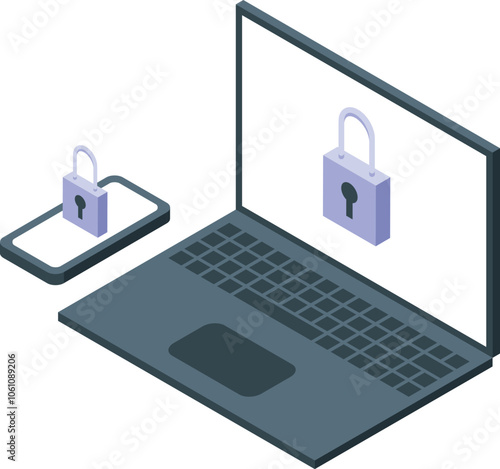 Laptop and smartphone displaying prominent lock icons, symbolizing data protection and cybersecurity in an isometric view