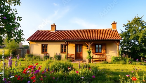 A picturesque countryside cottage with a warm beige exterior, a rustic red-tiled roof, and a cozy porch featuring a gently swaying swing.