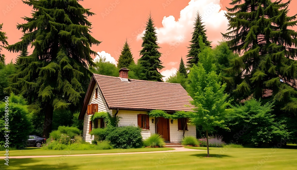 A serene, idyllic countryside scene of a charming, rustic cottage with a gently sloping, moss-covered roof. A serene, idyllic countryside scene of a charming, rustic cottage with a gently sloping, moss-covered roof.