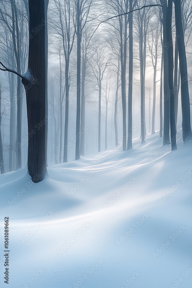 Naklejka premium A Serene Winter Landscape Featuring a SnowCovered Pathway Nestled Within a Majestic and Tranquil Forest