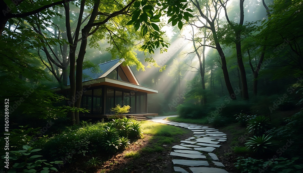 A serene, modern retreat nestled deep within a vibrant, emerald forest, where the gentle slope of the roof and expansive windows blend seamlessly into the surrounding foliage. A serene, modern retreat nestled deep within a vibrant, emerald forest, where the gentle slope of the roof and expansive windows blend seamlessly into the surrounding foliage.