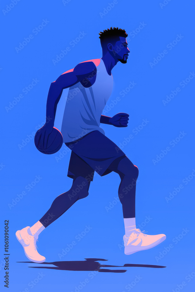 Focused Basketball Player in Action. A stylized illustration of a young Black male athlete holding a basketball while running, wearing a sleeveless shirt and shorts.
Focused Basketball Player in Action. A stylized illustration of a young Black male athlete holding a basketball while running, wearing a sleeveless shirt and shorts.