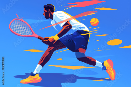 Tennis Player in Intense Motion. A vibrant illustration showing a young Black male athlete with short curly hair, swinging a tennis racket mid-action. 