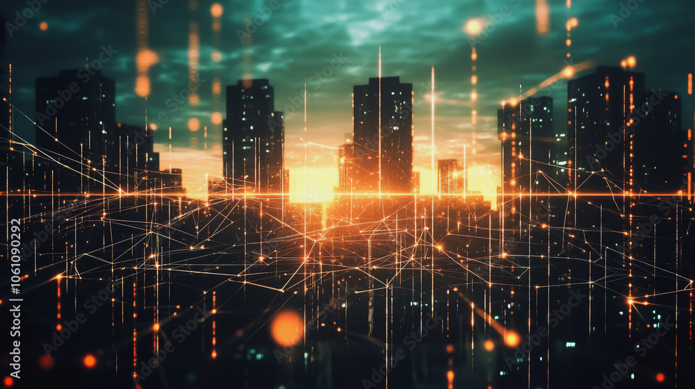 Fototapeta premium Smart digital city with connection cyber security network reciprocity over the cityscape . future smart wireless digital city and social media networking systems that connects people within the city