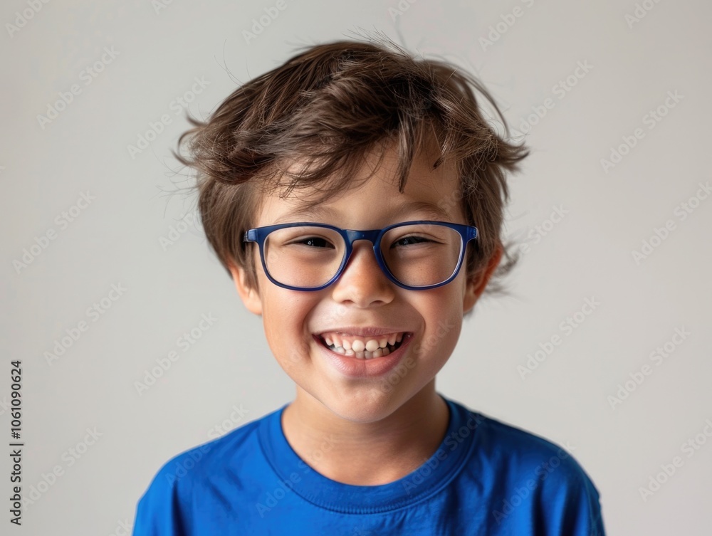 Smiling boy wearing blue glasses and a blue shirt, indoors. Smiling boy wearing blue glasses and a blue shirt, indoors.