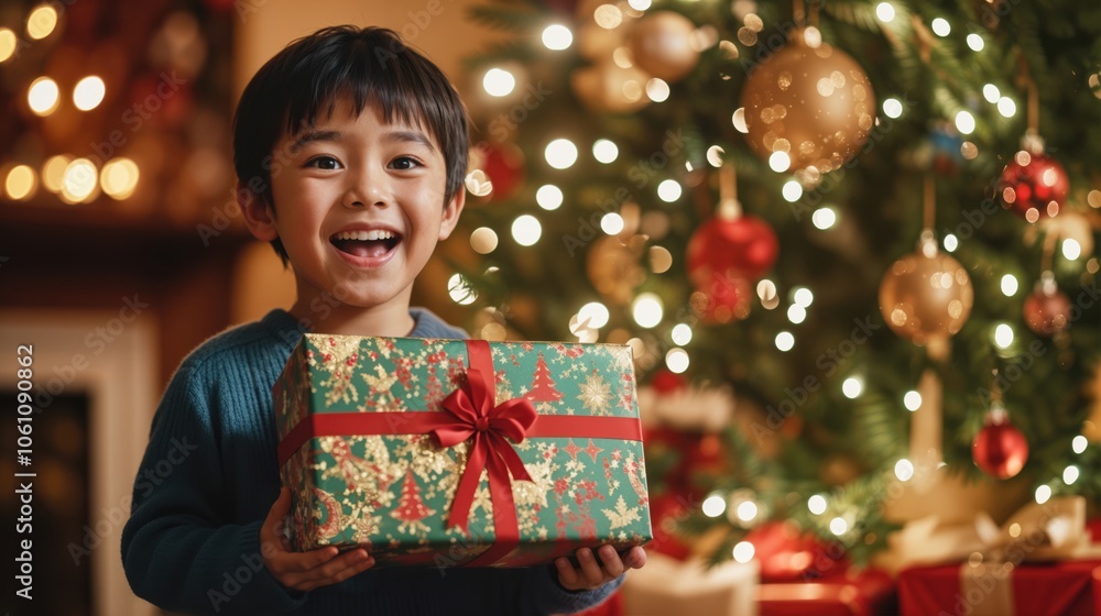 Asian Child Smiling with Christmas Present by Tree Asian Child Smiling with Christmas Present by Tree