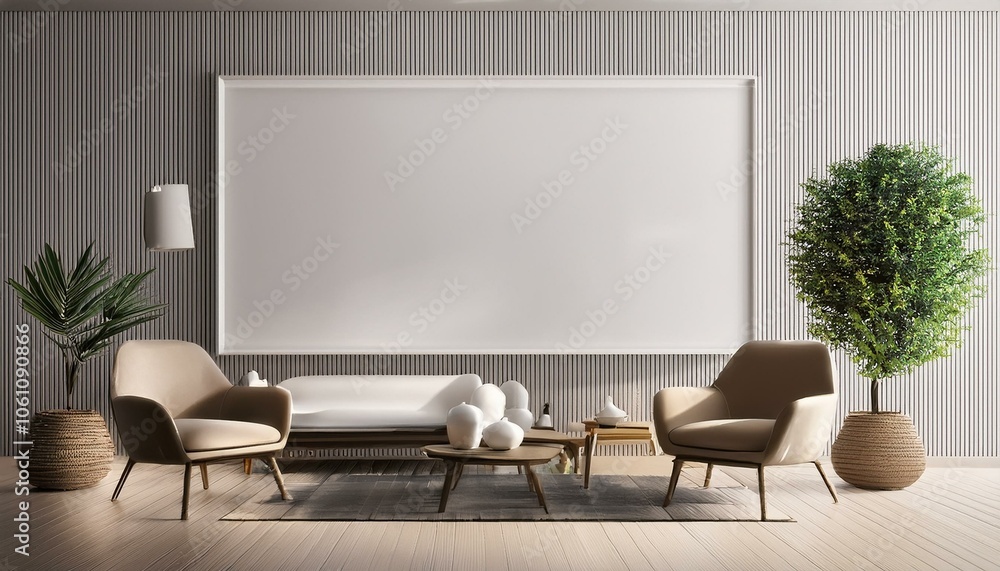 Minimalist interior with blank frame and modern furniture. 3D Rendering Minimalist interior with blank frame and modern furniture. 3D Rendering