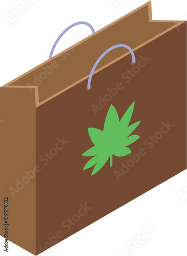 Isometric view of a brown shopping bag featuring a green leaf logo, representing eco conscious consumerism and sustainable retail practices