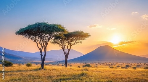 Two acacia trees stand tall against a breathtaking sunset in the African savanna, with distant mountains silhouetted in the golden light.