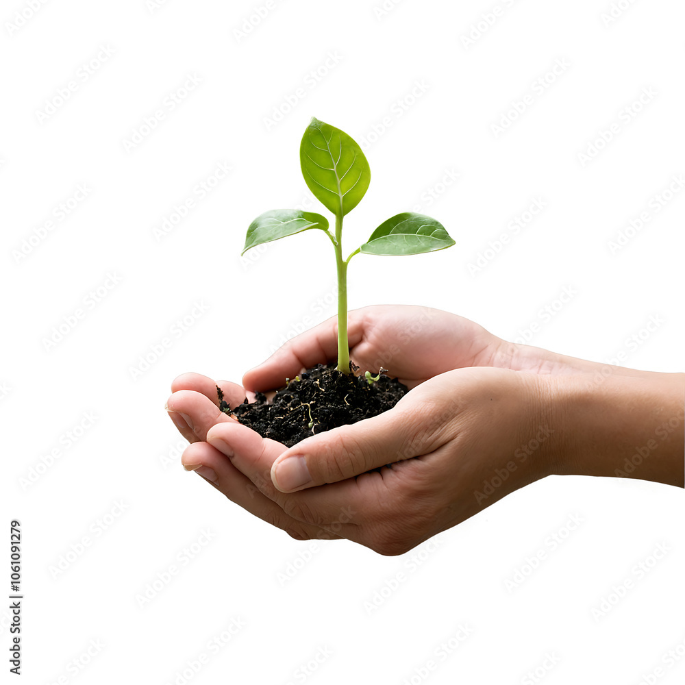 Hands Holding a Young Plant Sprout Isolated on White Background, Perfect for Representing Growth and New Beginnings in Environmental or Educational Content Hands Holding a Young Plant Sprout Isolated on White Background, Perfect for Representing Growth and New Beginnings in Environmental or Educational Content