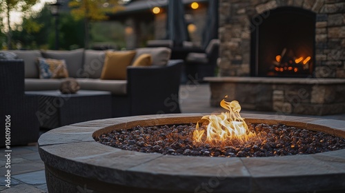 The image depicts a cozy outdoor lounging area featuring a wood-burning fire pit as the centerpiece, surrounded by comfortable patio furniture in an inviting residential setting. photo