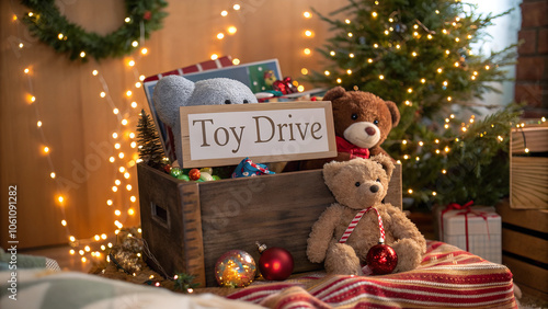 Toy drive donation box filled with plush toys and festive decorations, joyful holiday spirit, cozy setting, copy space
