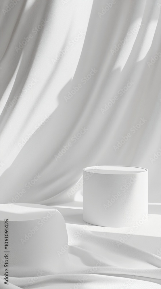 Minimalist white product display podiums on draped fabric with soft shadows, creating an elegant and ethereal backdrop for luxury branding or cosmetics. Minimalist white product display podiums on draped fabric with soft shadows, creating an elegant and ethereal backdrop for luxury branding or cosmetics.