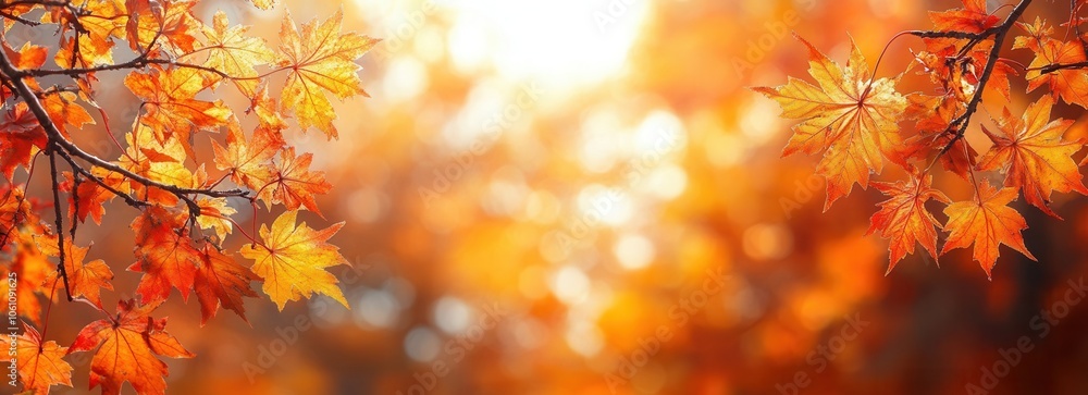 Vibrant autumn foliage featuring glowing yellow and red maple leaves against a soft blurred backdrop of colorful trees, autumn banner, background with place for text Vibrant autumn foliage featuring glowing yellow and red maple leaves against a soft blurred backdrop of colorful trees, autumn banner, background with place for text