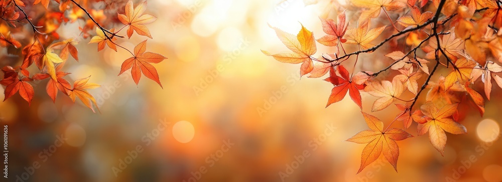 Beautiful autumn maple leaves in vibrant yellow and red colors against a blurred backdrop of fall trees in warm sunlight, autumn banner, background with mockup, mock up, template, empty, copy space Beautiful autumn maple leaves in vibrant yellow and red colors against a blurred backdrop of fall trees in warm sunlight, autumn banner, background with mockup, mock up, template, empty, copy space