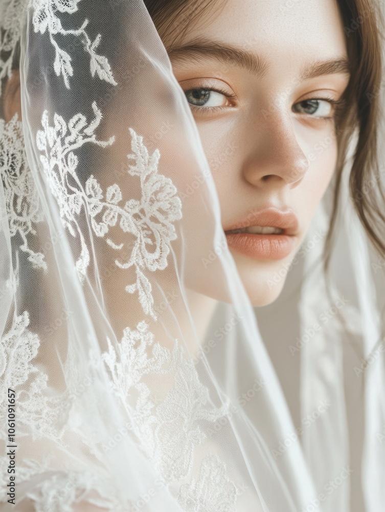 A young woman wearing a delicate lace veil with a fashionable hairstyle, highlighting modern bridal fashion and accessories. A young woman wearing a delicate lace veil with a fashionable hairstyle, highlighting modern bridal fashion and accessories.