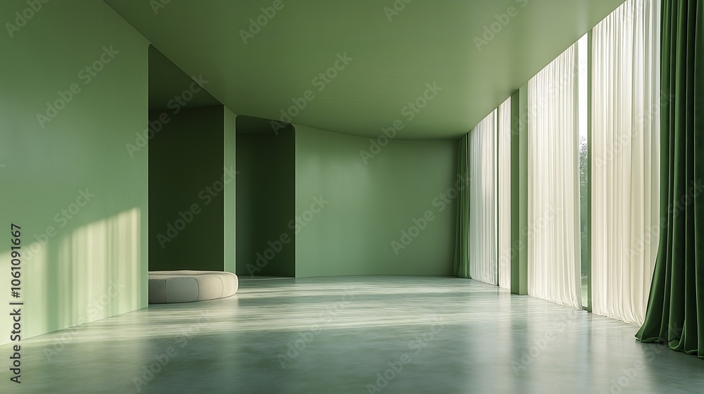 Fototapeta premium Minimalist bedroom featuring a sleek green wardrobe, promoting simplicity and style in modern design.