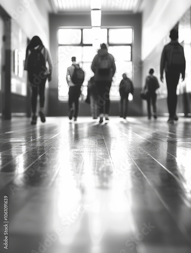 A group of students walking through a school hallway.