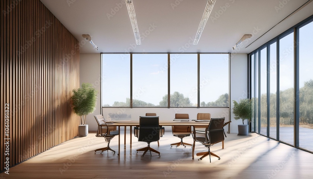 Modern office meeting room in bright open space. Features a blank wall, wooden accent wall, large windows, and minimalist furniture. Concept of workspace. 3D Rendering Modern office meeting room in bright open space. Features a blank wall, wooden accent wall, large windows, and minimalist furniture. Concept of workspace. 3D Rendering