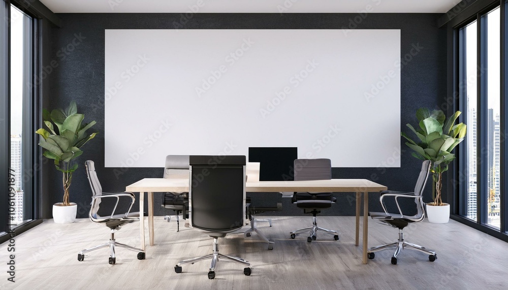 Modern office with blank wall for poster display and meeting layout. 3D Rendering Modern office with blank wall for poster display and meeting layout. 3D Rendering