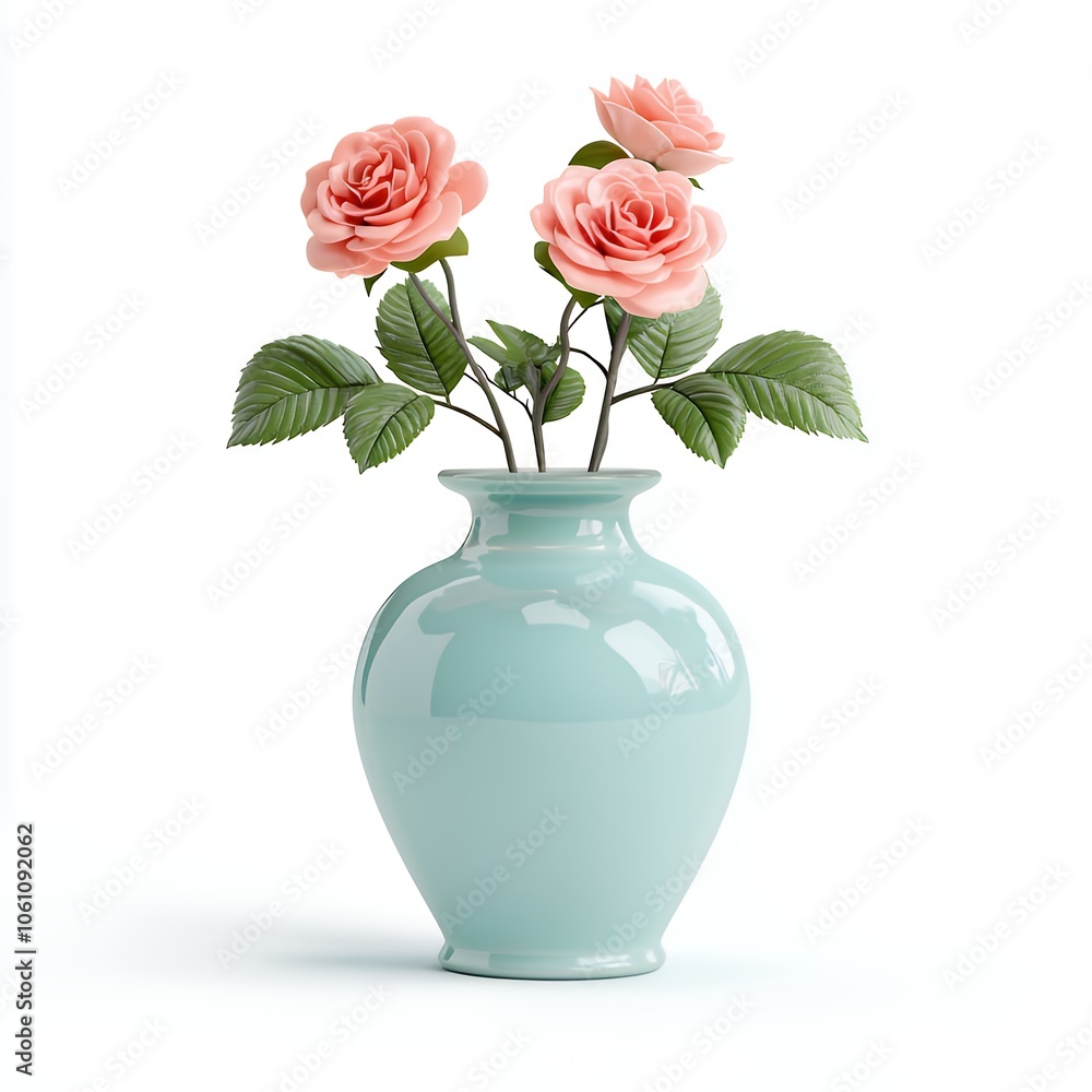 Three pink roses in a blue vase on a white background. Three pink roses in a blue vase on a white background.