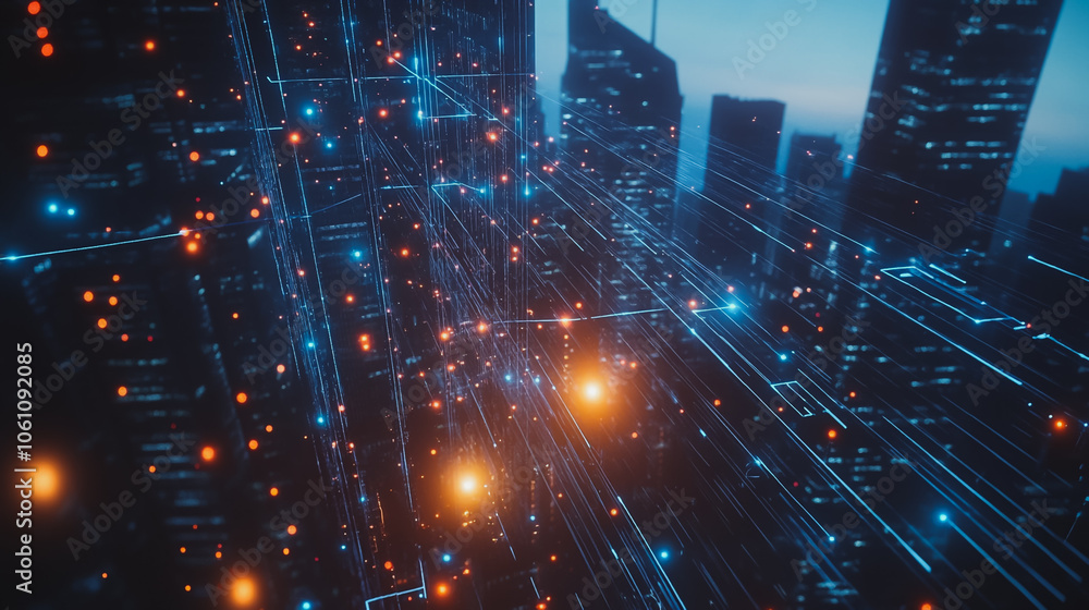 Fototapeta premium Smart digital city with connection cyber security network reciprocity over the cityscape . future smart wireless digital city and social media networking systems that connects people within the city