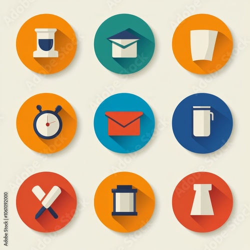 Nine colorful round icons with different objects inside and long shadows. photo