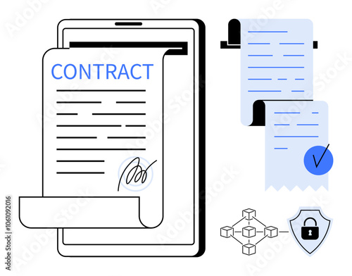 A digital contract displayed on a device, with signed documents and security icons highlighting blockchain and data protection. Ideal for digital agreements, e-signatures, blockchain security