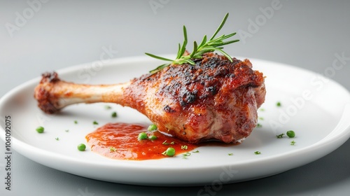 Savoring tender duck confit with crispy skin on a plate, garnished with green peas and a rich sauce against a clean white background photo