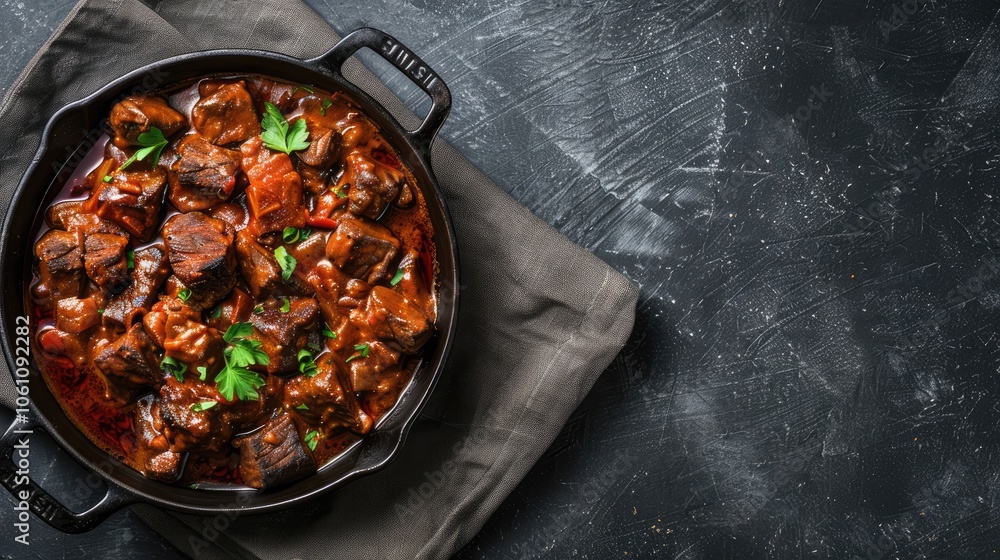 Beef goulash cooked in cast iron skillet on dark stone background with space for text. Overhead view Beef goulash cooked in cast iron skillet on dark stone background with space for text. Overhead view