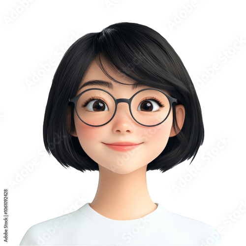 3D Rendered Illustration of a Cute Smiling Girl with Glasses and Short Black Hair Wearing a White T-Shirt Isolated on Transparency Background Ideal for Education Technology and Youth Related Designs