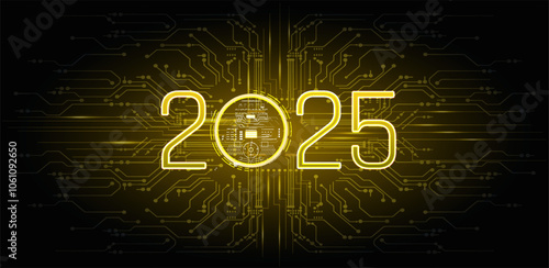 Futuristic digital representation of the year 2025 with circuit patterns and glowing elements illuminated in a dark background