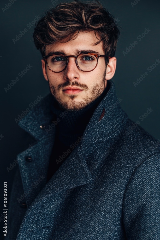 Young male with stylish outfit, including casual suit jacket and scarf, wearing glasses. Confident pose with hands in pockets. Young male with stylish outfit, including casual suit jacket and scarf, wearing glasses. Confident pose with hands in pockets.