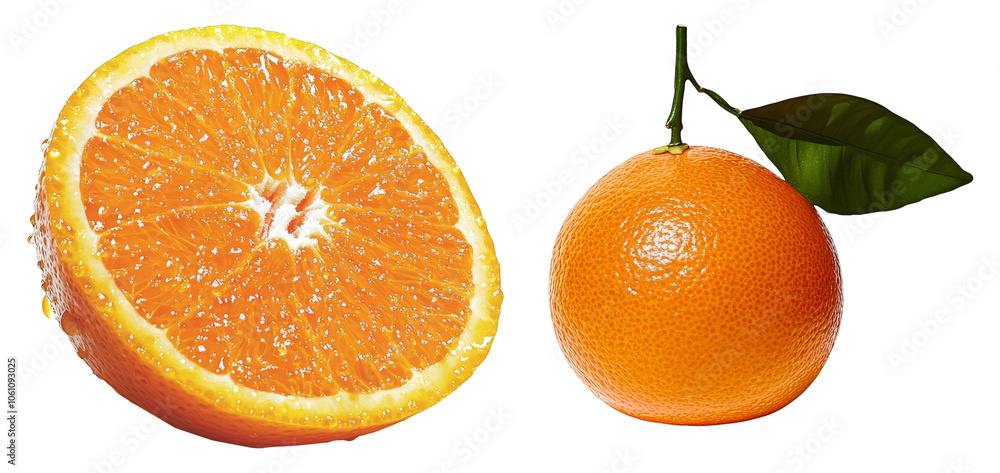 Fresh Ripe Orange Fruit with Green Leaf and a Juicy Orange Slice Isolated on Transparency Background Citrus Fruit Vitamin C Healthy Eating Refreshing Food Concept Ideal for Advertisements and Fresh Ripe Orange Fruit with Green Leaf and a Juicy Orange Slice Isolated on Transparency Background Citrus Fruit Vitamin C Healthy Eating Refreshing Food Concept Ideal for Advertisements and