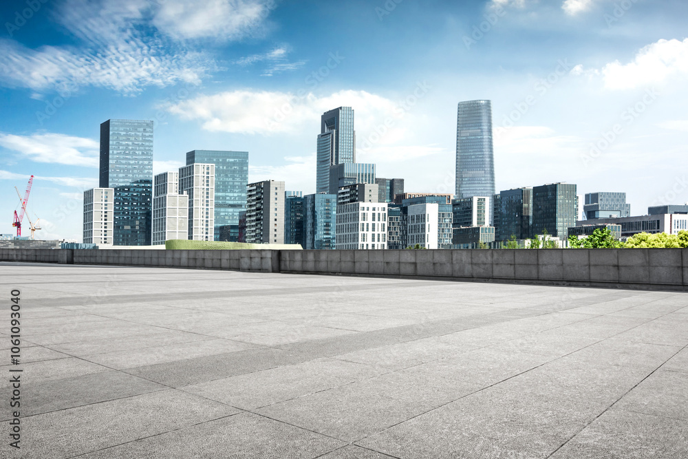 Contemporary Urban Skyline with Open Concrete Space and Clear Sky Contemporary Urban Skyline with Open Concrete Space and Clear Sky