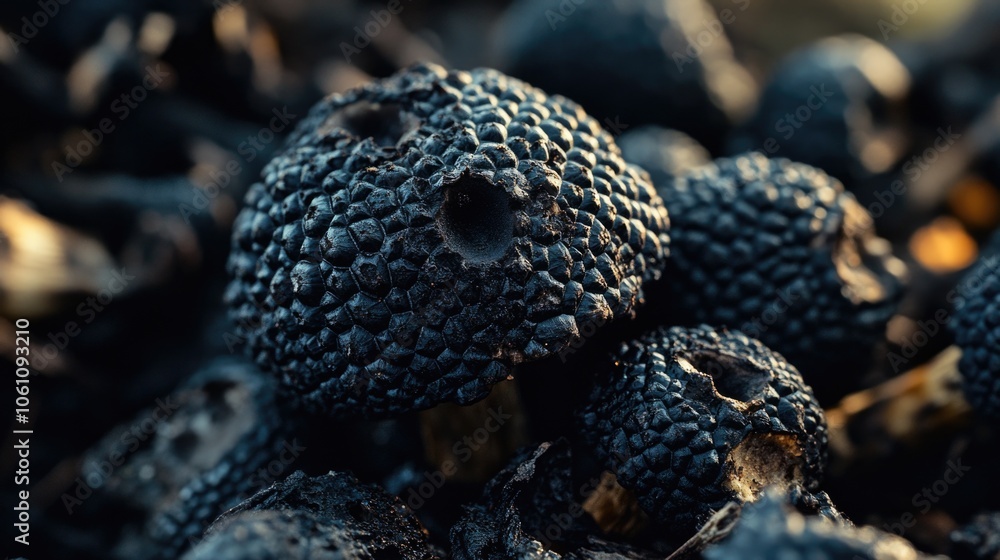 A close-up of unripe, shiny black nuts lying on dried leaves. A close-up of unripe, shiny black nuts lying on dried leaves.