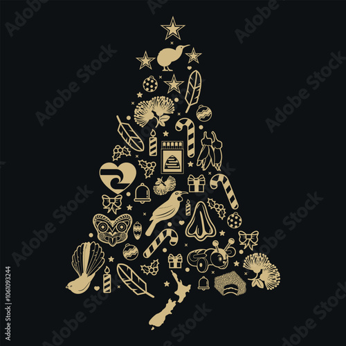 NZ Merry Christmas tree of kiwi icons photo